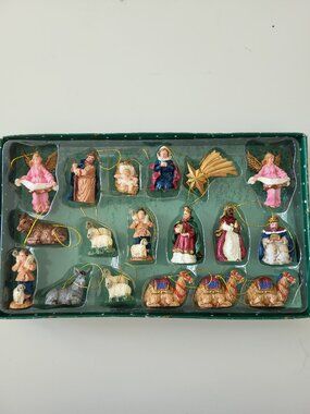 Vintage Dillard's 18 Piece Miniature Nativity Ornament Set IOB Complete Resin